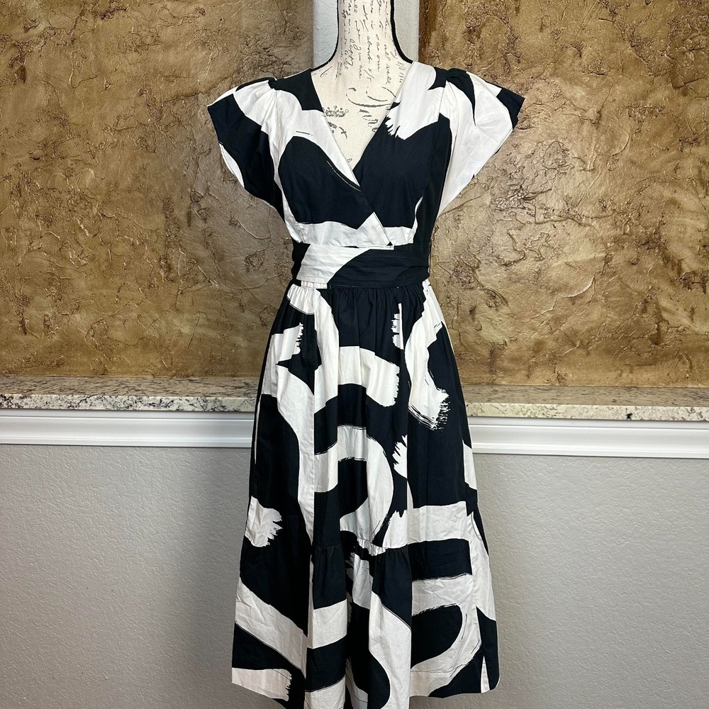Maeve Anthropologie Mairead Fit & Flare Midi Dress Sz 2 Abstract Black White - Picture 2 of 11